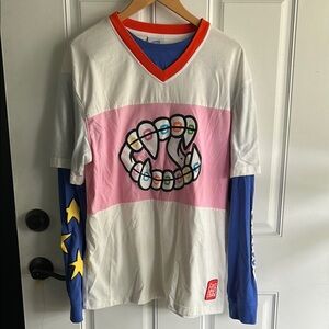 White and Pink Long Sleeve Tee with Graphic Design